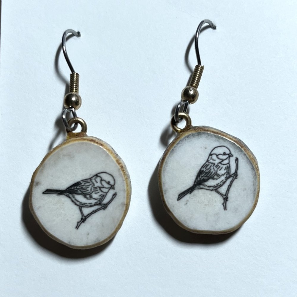 Deer antler earrings with songbird etching